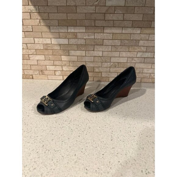 Tory Burch Emma High Open Toe Cork Wedges Black Size 5.5 - Picture 1 of 5